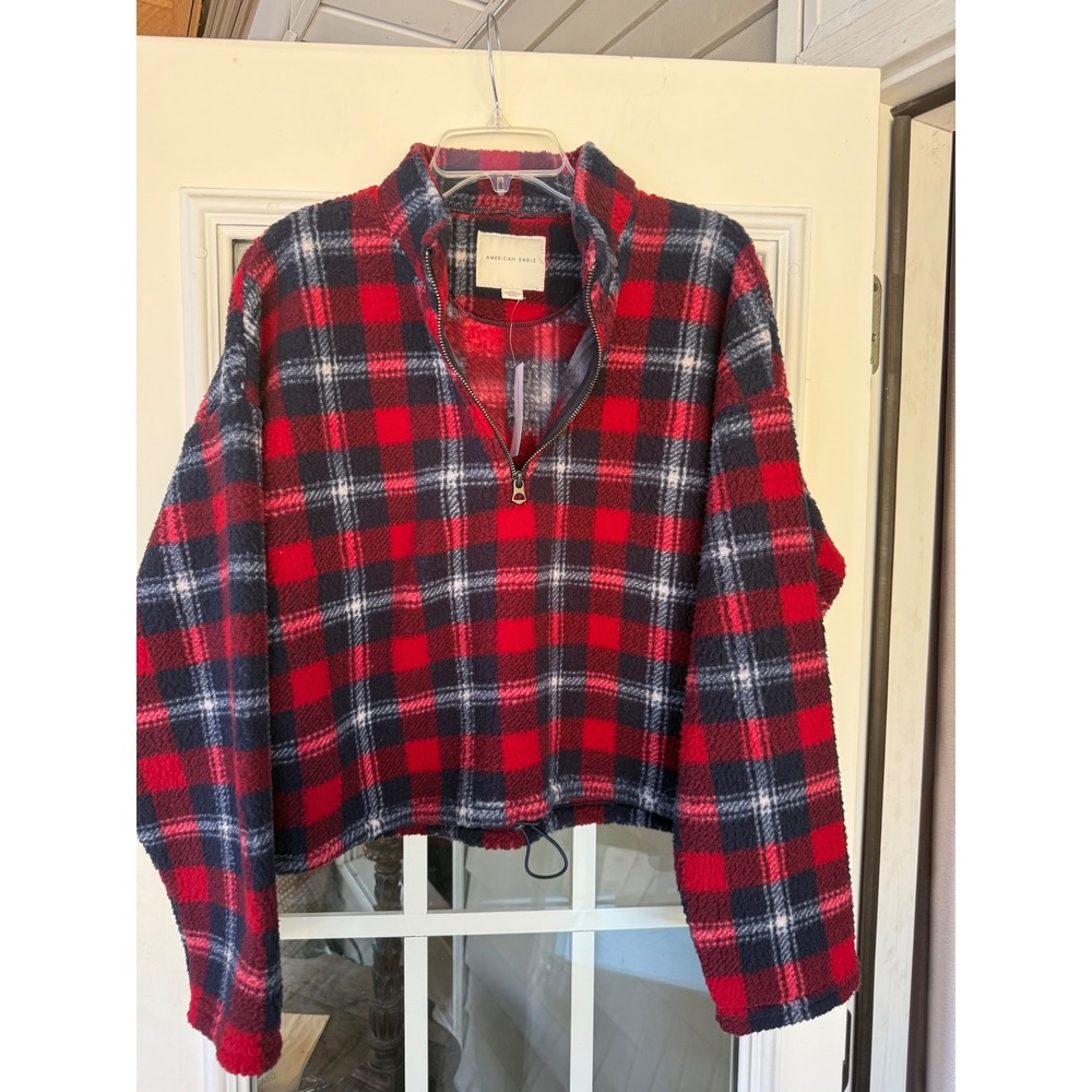 American Eagle large red & black plaid fuzzy quarter-zip cropped fleece pullover